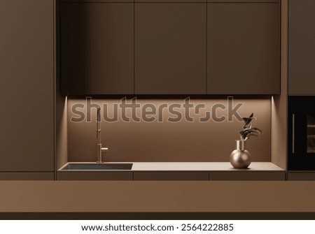 Mocha Brown Monochrome kitchen with empty space for your product display over beautiful kitchen background. Golden sink details. Color of the year. Minimal elegant trendy kitchen. 3d rendering.