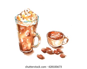 Mocha Frappe Whip Cream And Cappuccino Latte Art Watercolor Painting Illustration