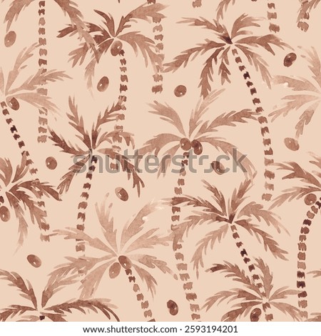 Mocha mousse palms repeat pattern. Exotic seamless tile hand drawn with watercolor. Aquarelle coconut pulm trees. Summer beach print. Warm brown, beige colors. For textile, fabric, clothing packaging