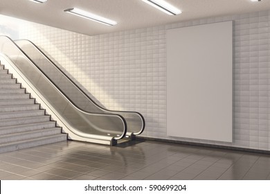 Mock up billboard in Subway station escalator. 3d rendering