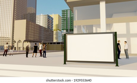 Mock Up Blank Outdoor Advertisement Billboard On Walk Street, Blurred People Stand On City Business District Background, 3D Rendering, Empty Space To Insert Advertising Promotion 