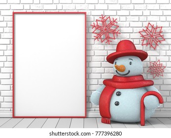 Mock Up Blank Picture Frame, Snowman And Red Popsicle Sticks Snowflakes 3D Render Illustration