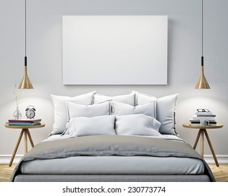 Mock Up Blank Poster On The Wall Of Bedroom, 3D Illustration Background