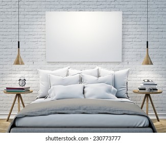 Mock Up Blank Poster On The Wall Of Bedroom, 3D Illustration Background