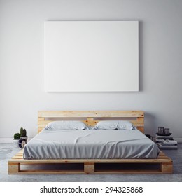 Mock Up Blank Poster On The Wall Of Bedroom, 3D Illustration Background