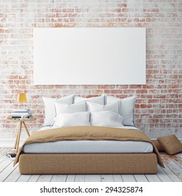 Mock Up Blank Poster On The Wall Of Bedroom, 3D Illustration Background