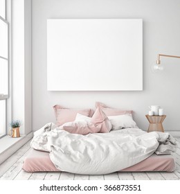 Mock Up Blank Poster On The Wall Of Bedroom, 3D Illustration Background