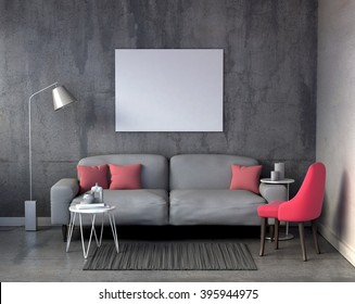 Mock Up Blank Poster On The Wall In Living Room, 3D Render