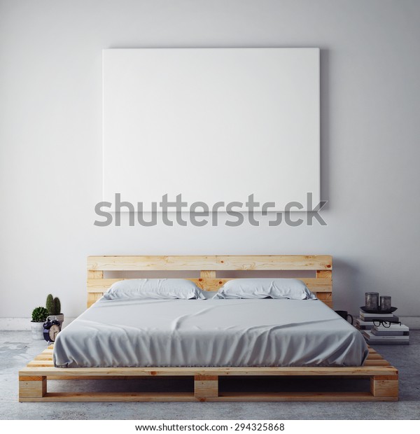 寝室の壁に空のポスター 3dイラスト背景にモックアップ のイラスト素材