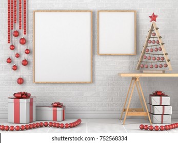 Mock Up Blank Wooden Picture Frame, Christmas Decoration And Gifts 3D Render Illustration