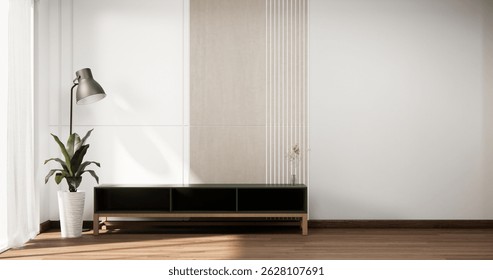 Mock up Cabinet and panel wall design on empty room with decoration ,lamp, plants .3D rendering