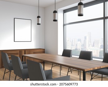 Mock Up Canvas In White Meeting Room With Pendant Lights, Six Grey Armchairs, Panoramic Window And Sideboard. Concept Of Modern Interior Design. Corner View. 3d Rendering