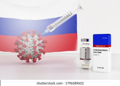 Mock Up Corona Virus Vaccine Sample 5ml Vial Doses Manufacturing In Russian Scientific Lab Room, Concept Image For World's Approved Vaccine With Blurred Syringe And Virus Cell, 3D Rendering.