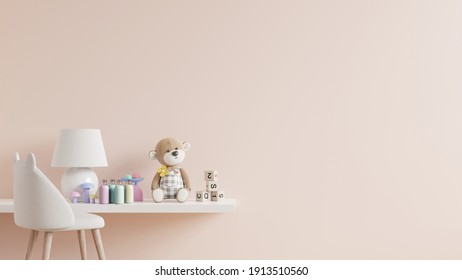 Mock Up Cream Color Wall In The Children's Room On The Wooden Shelf.3d Rendering