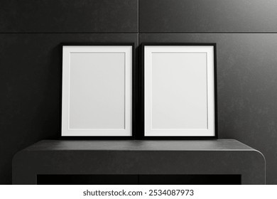 mock up of empty black frame on concrete wall with copy space, 3d render	
