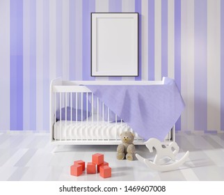 Mock Up With An Empty Frame Above The Crib. Blue Children Room Interior. Template For Photos And Drawings. 3D Rendering.