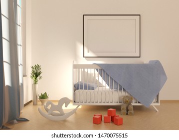 Mock Up With An Empty Frame Above Crib. Interior Of The Children's Room With A Crib And Toys.  Sun Beam On A White Wall. 3D Rendering.