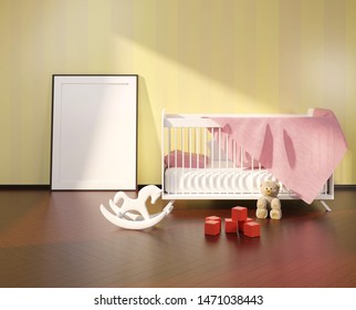 Mock Up With An Empty Frame Above The Crib. Children's Room Interior With Toys On A Floor. Template For Advertisement And Photo. 3D Rendering.