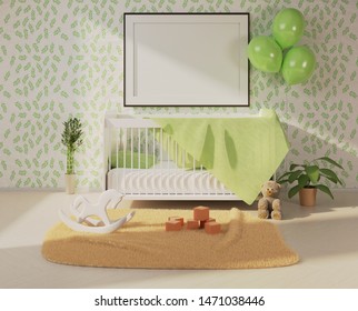 Mock Up With An Empty Frame Above The Crib. Children's Room Interior With Toys On A Floor. Template For Advertisement And Photo. 3D Rendering.