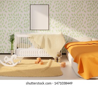 Mock Up With An Empty Frame Above The Crib. Children's Room Interior With Toys On A Floor. Template For Advertisement And Photo. 3D Rendering.