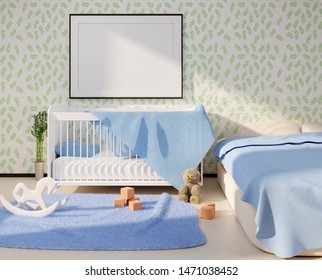 Mock Up With An Empty Frame Above The Crib. Children's Room Interior With Toys On A Floor. Template For Advertisement And Photo. 3D Rendering.