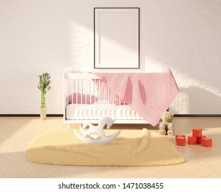 Mock Up With An Empty Frame Above The Crib. Children's Room Interior With Toys On A Floor. Template For Advertisement And Photo. 3D Rendering.