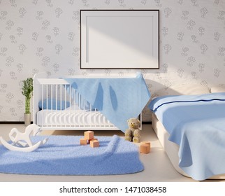 Mock Up With An Empty Frame Above The Crib. Children's Room Interior With Toys On A Floor. Template For Advertisement And Photo. 3D Rendering.