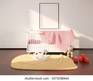 Mock Up With An Empty Frame Above The Crib. Children's Room Interior With Toys On A Floor. Template For Advertisement And Photo. 3D Rendering.