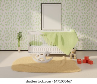 Mock Up With An Empty Frame Above The Crib. Children's Room Interior With Toys On A Floor. Template For Advertisement And Photo. 3D Rendering.