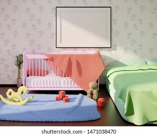 Mock Up With An Empty Frame Above The Crib. Children's Room Interior With Toys On A Floor. Template For Advertisement And Photo. 3D Rendering.