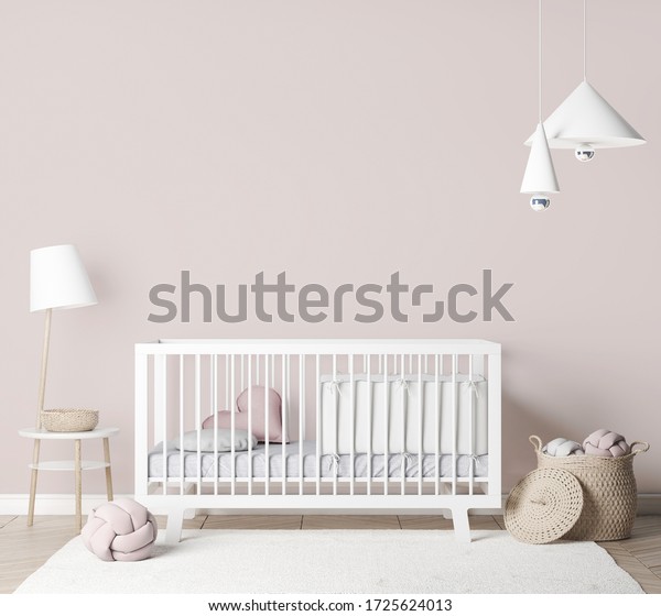 Mock Up empty frames In farmhouse Interior\
Background in baby room with poster frame, nursery mockup,\
Scandinavian Style, 3D render, 3D\
illustration