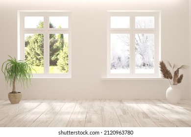 Mock Up Of Empty Room In White Color With Winter And Summer Landscape In Window. Scandinavian Interior Design. 3D Illustration