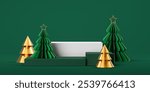 Mock up empty stand, golden and green abstract christmas trees. Copy space background. Concept of holiday and gift, online shopping and product advertising. 3D rendering