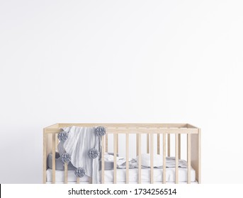 Mock Up Empty Wall In Modern Interior Background, Baby Room Design, Nursery Mock Up, Scandinavian Style, 3D Render, 3D Illustration