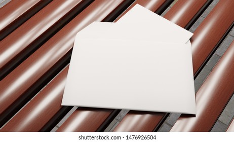 Mock up with an empty white envelope on a wooden background desk. Template for messages. 3D rendering.