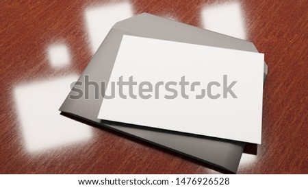 Mock up with an empty white envelope on a wooden background desk. Template for messages. 3D rendering.