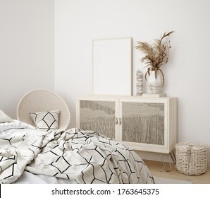 Mock Up Frame In Bedroom Interior Background, 3d Render