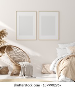 Mock up frame in bedroom interior, beige room with natural wooden furniture, Scandinavian style, 3d render