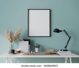 mock up frame in bright farmhouse interior background, white wooden office on blue wall, 3d render, 3d illustration