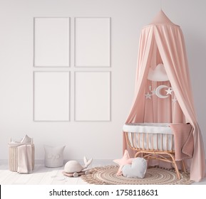 Mock up frame in children room with natural wooden furniture, Farmhouse style interior background. Four wooden frames size A3, A4, 3rendering, 3D illustration