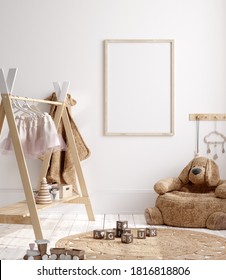 Mock up frame in children room with natural wooden furniture, 3D render