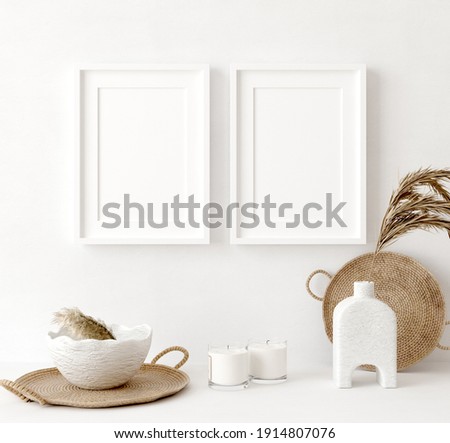 Mock up frame close up in home interior background, Boho style, 3d render