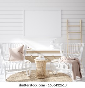 Mock Up Frame In Cozy Coastal Home Interior Background, 3d Render