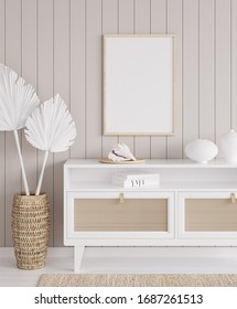 Mock Up Frame In Cozy Coastal Home Interior Background, 3d Render