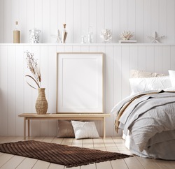 Mock Up Frame In Cozy Home Interior Background, Coastal Style Bedroom, 3d Render