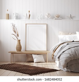 Mock up frame in cozy home interior background, coastal style bedroom, 3d render