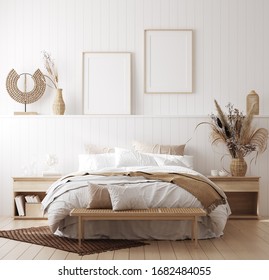 Mock up frame in cozy home interior background, coastal style bedroom, 3d render - Powered by Shutterstock