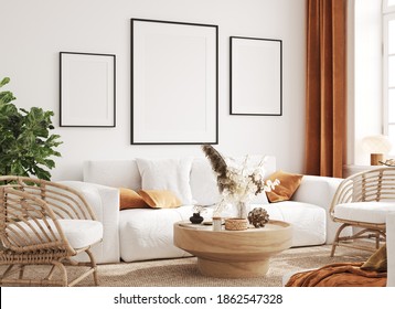 Mock Up Frame In Cozy Home Interior Background, Coastal Style Living Room, 3d Render