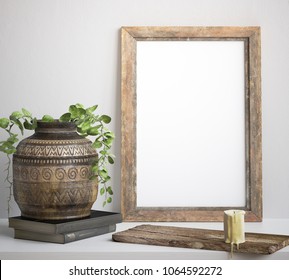 Mock Up Frame, Decorated Rustic Background, 3d Render