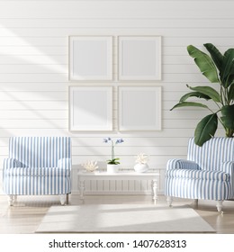 Mock Up Frame In Home Interior Background, Coastal Style Living Room With Marine Decor, 3d Render